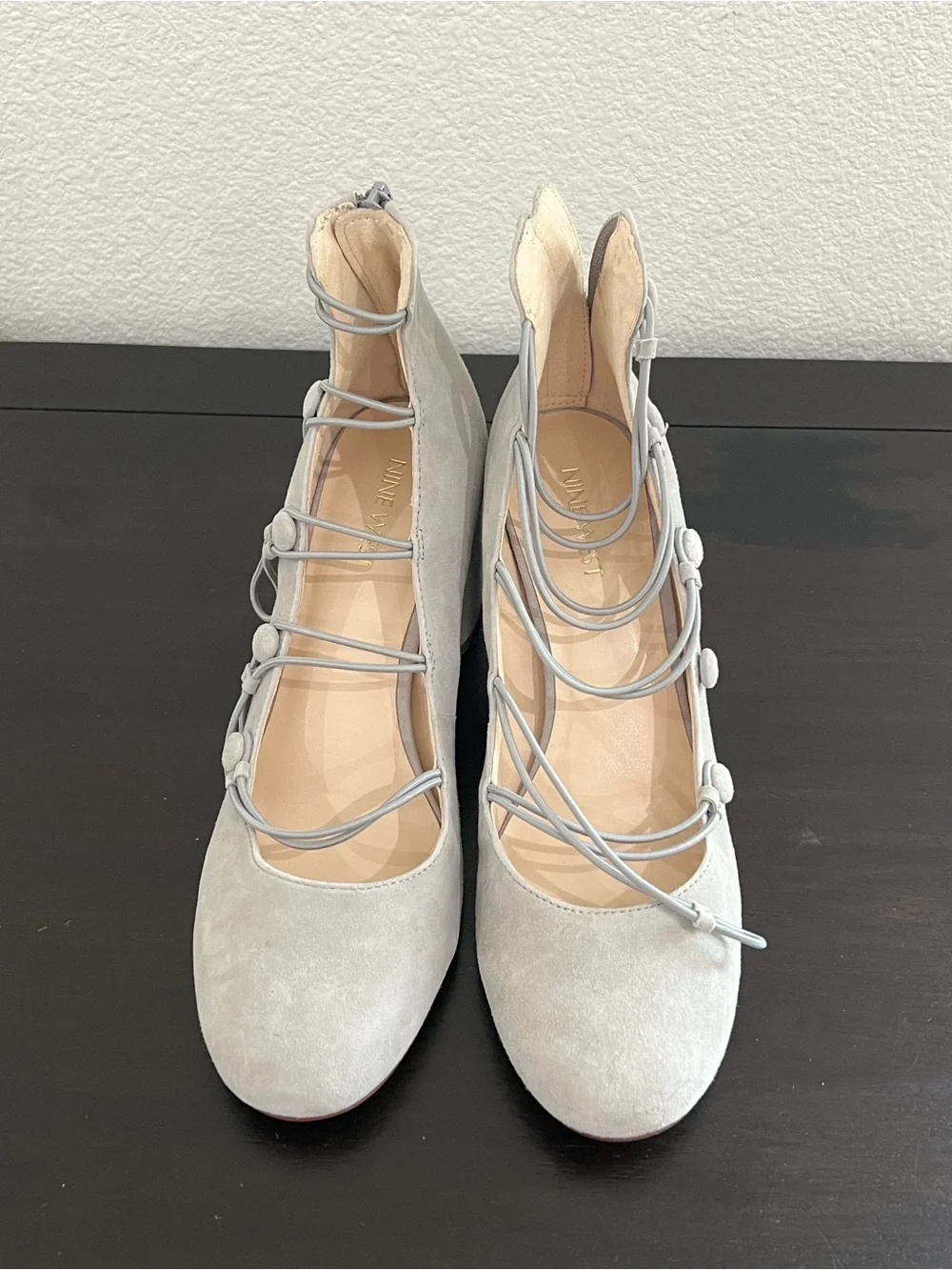 Nine West Women’s Gray Suede Multi-Strap Block Heel Pumps Size 8.5